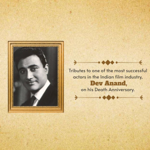 Portrait of Dev Anand in a frame with a tribute message
