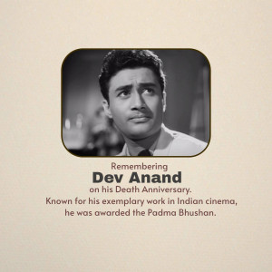 Black and white portrait of Dev Anand with text commemorating his death anniversary.
