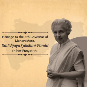 Portrait of Vijaya Lakshmi Pandit with a map of Maharashtra in the background