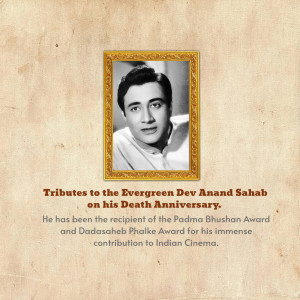 Black and white portrait of Dev Anand in a golden frame with text commemorating his death anniversary.