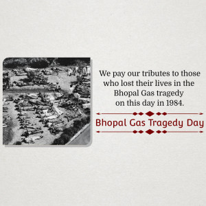 Black and white aerial view of Bhopal with text commemorating the Bhopal Gas Tragedy.