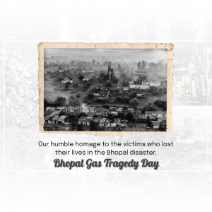 Black and white vintage photo of Bhopal city with text commemorating the victims of the Bhopal Gas Tragedy.
