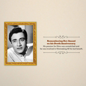 Black and white portrait of Dev Anand in a golden frame with a commemorative text.