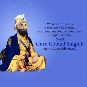 Portrait of Guru Gobind Singh Ji with text commemorating Gurgaaddi Diwas