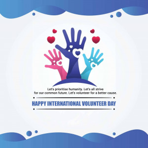 Hands of different colors forming a heart shape with the text 'Happy International Volunteer Day'