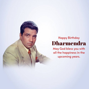 Portrait of Dharmendra with a birthday greeting
