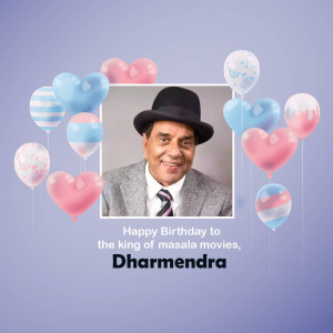 Image of Dharmendra with balloons and a birthday message.