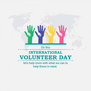 Image depicting diverse hands reaching out over a world map with text celebrating International Volunteer Day.