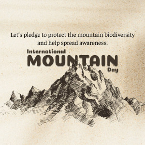 Illustration of mountains with text promoting biodiversity protection for International Mountain Day.