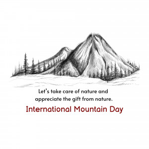 Black and white sketch of mountains with text celebrating International Mountain Day