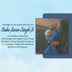 Portrait of Baba Jiwan Singh Ji with Guru Tegh Bahadur Ji's head