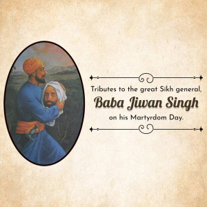 Portrait of Baba Jiwan Singh with text commemorating his Martyrdom Day