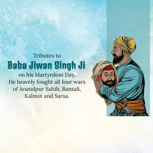 Illustration of Baba Jiwan Singh Ji with a depiction of a fallen warrior, commemorating his martyrdom.