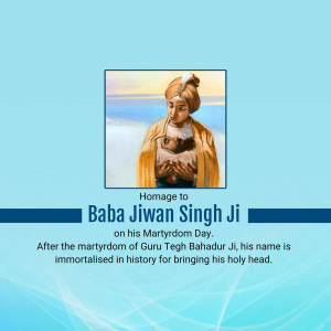 Portrait of Baba Jiwan Singh Ji with text commemorating his Martyrdom Day