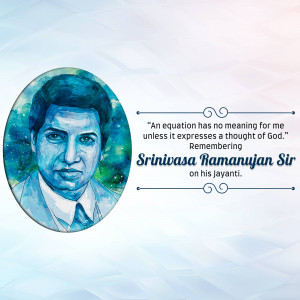 Portrait of Srinivasa Ramanujan with a quote about mathematics and God