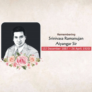 Portrait of Srinivasa Ramanujan with floral decorations and dates of birth and death.