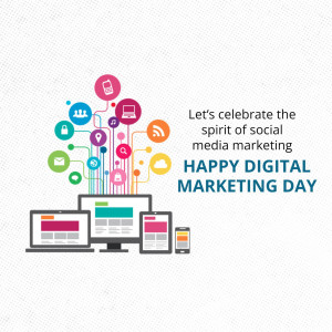 Illustration celebrating Digital Marketing Day with icons representing social media and digital devices.