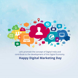 Illustration of digital icons and speech bubbles with text promoting Digital India and Digital Marketing.