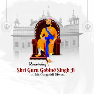 Illustration of Guru Gobind Singh Ji with the Golden Temple in the background