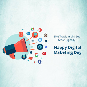Illustration of a megaphone surrounded by social media icons with text 'Happy Digital Marketing Day'