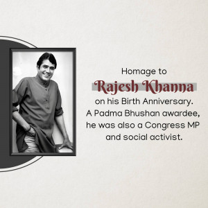 Black and white portrait of Rajesh Khanna with text commemorating his birthday.