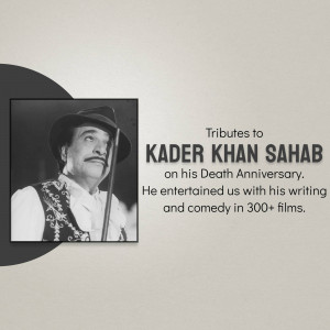 Black and white portrait of Kader Khan with text commemorating his death anniversary.