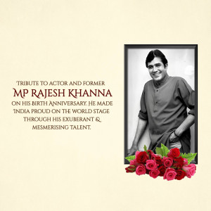 Portrait of Rajesh Khanna with roses and a tribute message