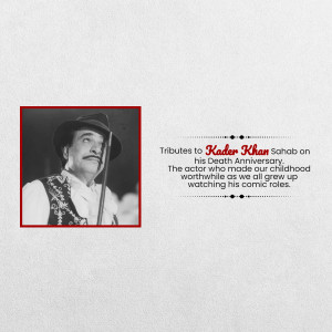 Black and white portrait of Kader Khan with text tribute