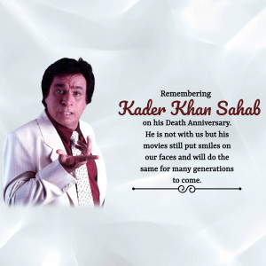 Portrait of Kader Khan with a memorial text overlay