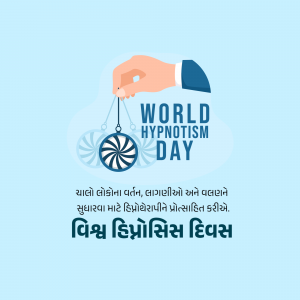 Illustration for World Hypnotism Day featuring a hand holding a swirling hypnosis symbol.