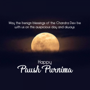 Image with a full moon and text wishing 'Happy Paush Purnima'