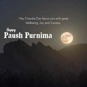 Paush Purnima greeting with a full moon over mountains