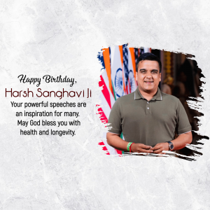Portrait of Harsh Sanghavi with Indian flag background and birthday wishes.