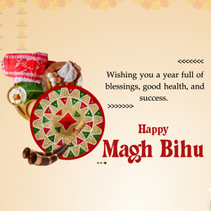 Traditional Bihu offerings and decorations with a festive greeting.