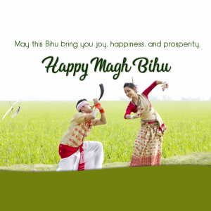 A couple celebrating Magh Bihu with traditional attire and a Bihu Dhol.