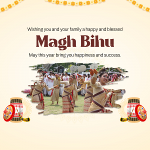 Magh Bihu festival greeting with dancers and traditional decorations