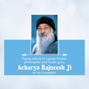 Portrait of Osho Rajneesh with text commemorating his Punyatithi