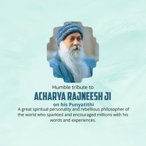 Portrait of Acharya Rajneesh Ji with tribute text