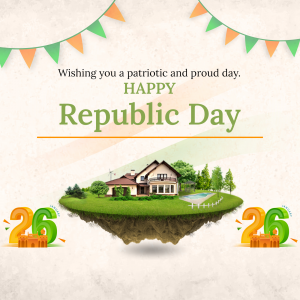 Republic Day greeting with an illustration of a house on a floating island