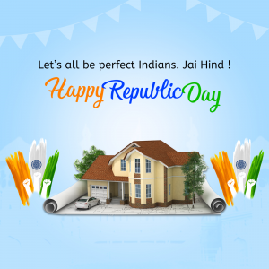 Republic Day greeting with Indian flag and house illustration