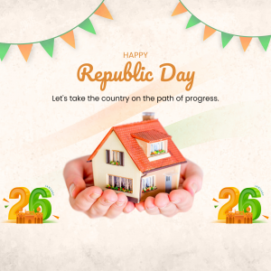 Republic Day greeting with hands holding a house and Indian flag colors