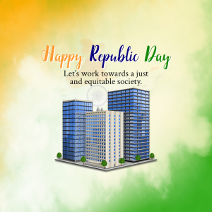 Republic Day greeting with cityscape and tricolor background
