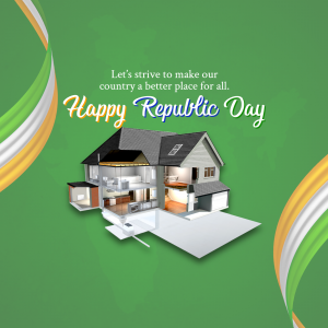Republic Day greeting with a house illustration and Indian flag colors