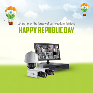 Republic Day themed image featuring security cameras and surveillance equipment with Indian flags and hot air balloons.