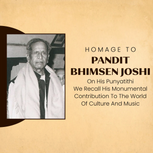 Black and white portrait of Pandit Bhimsen Joshi with text commemorating his Punyatithi.