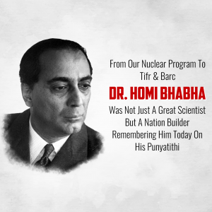 Portrait of Dr. Homi Bhabha with text commemorating his Punyatithi