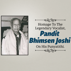 Black and white portrait of Pandit Bhimsen Joshi with text commemorating his Punyatithi.