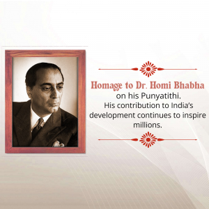 Portrait of Dr. Homi Bhabha in a frame with a decorative border and text honoring his contribution to India.