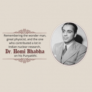 Black and white portrait of Dr. Homi Bhabha with text commemorating his Punyathithi.