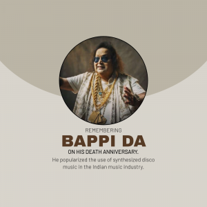 Portrait of Bappi Lahiri with text commemorating his death anniversary.